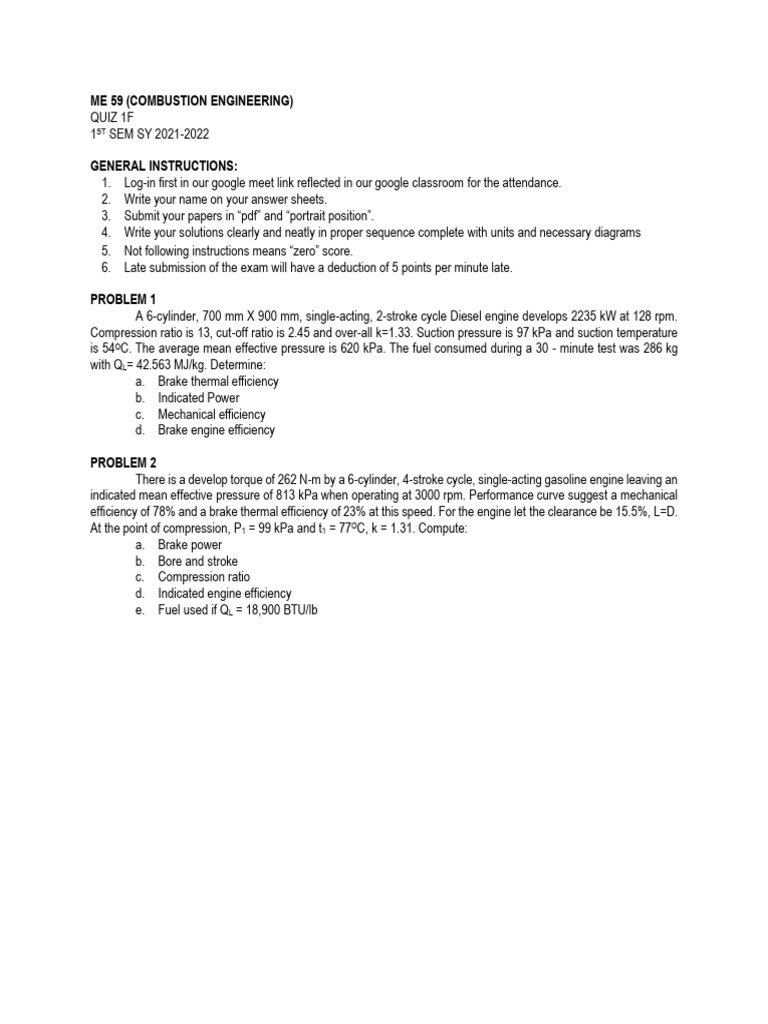 ME 59 Combustion Engineering Quiz 1F | PDF | Technology & Engineering