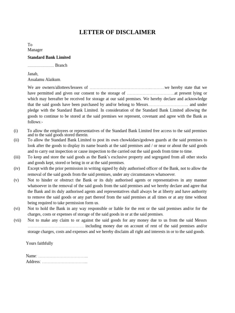 Bank Storage Disclaimer Letter | PDF | Common Law | Private Law