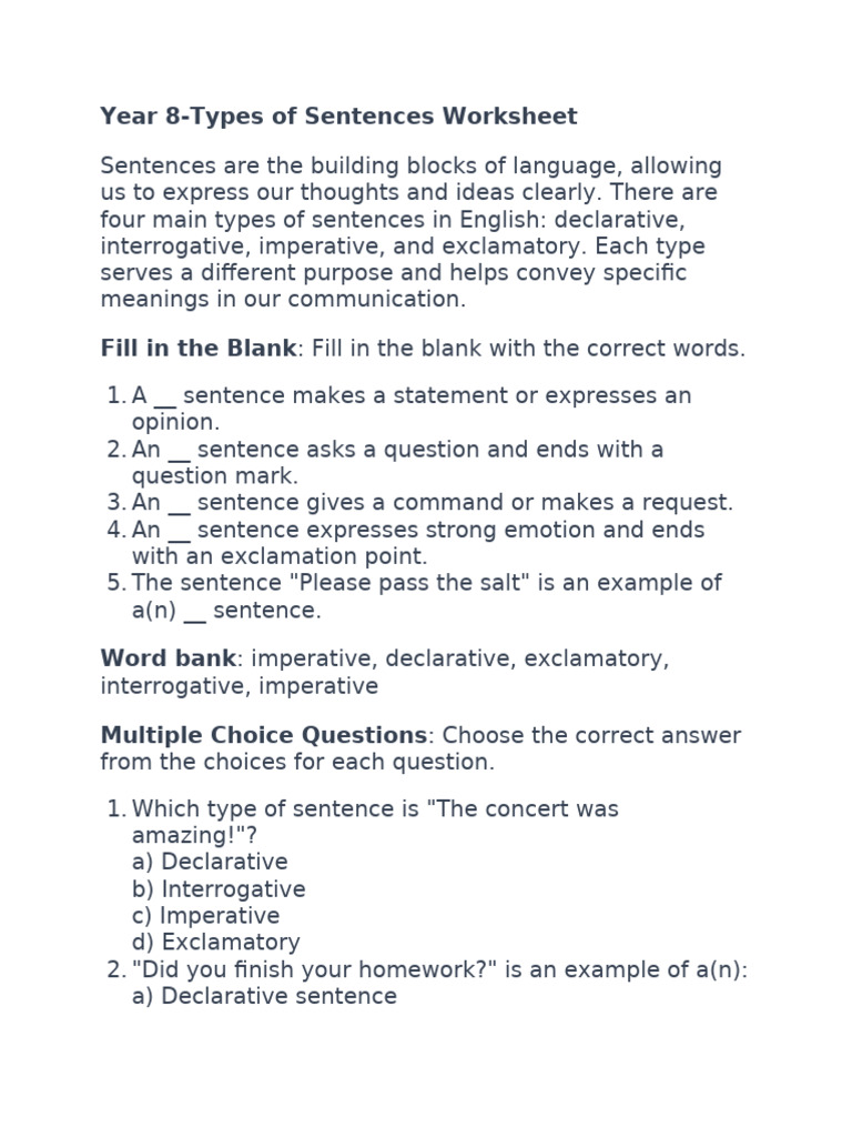 Revision Types of Sentences | PDF | Sentence (Linguistics) | Question