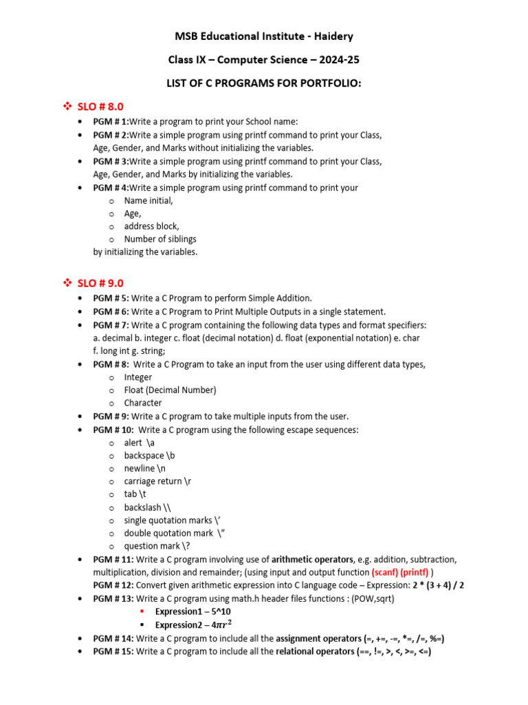 C Programs for Class IX Portfolio | PDF | Computer Science | Computer ...