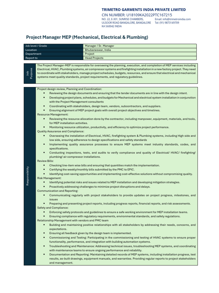 JD Project Manager MEP | PDF | Regulatory Compliance | Safety