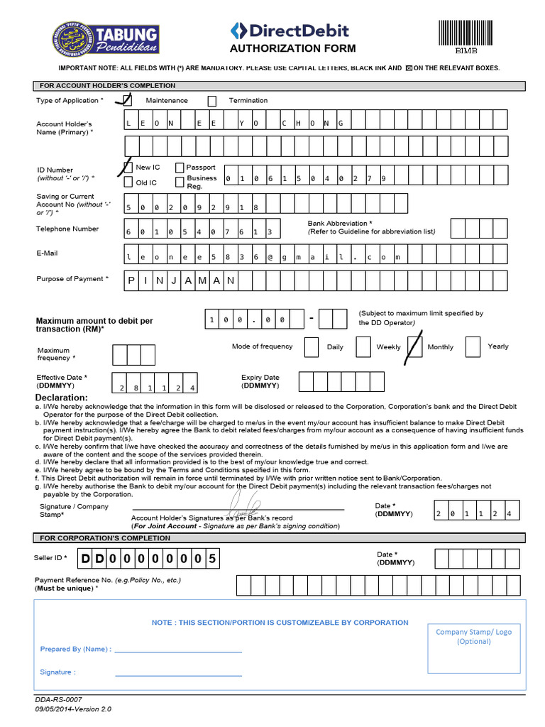 Direct Debit Authorization Form | PDF | Payments | Debit Card