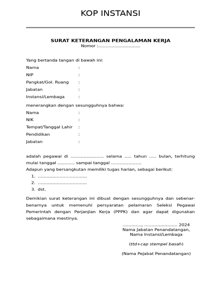 Surat Keterangan Pengalaman Kerja PPPK | PDF | Pengelolaan Keuangan & Uang