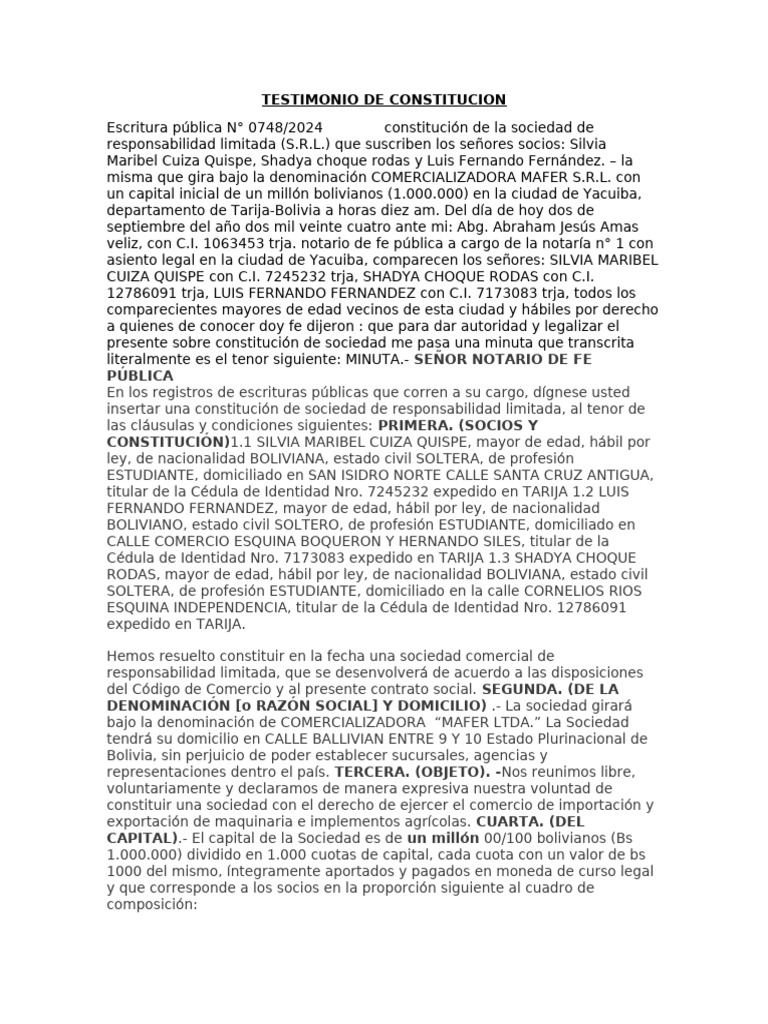 TESTIMONIO DE CONSTITUCION 3 Totalizado | PDF | Bolivia | Business