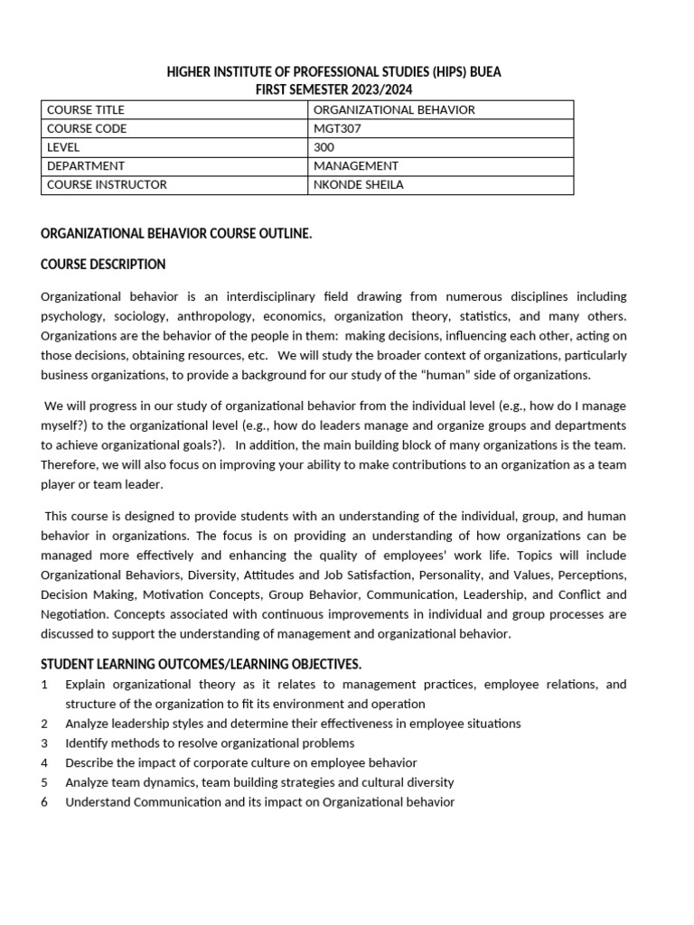 OB_Course_Outline_2024 | PDF | Organizational Behavior | Attitude ...