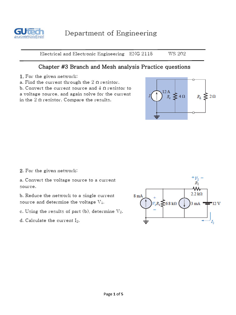 Chapter#3 Branch and Mesh Analysis Practice Questions | PDF