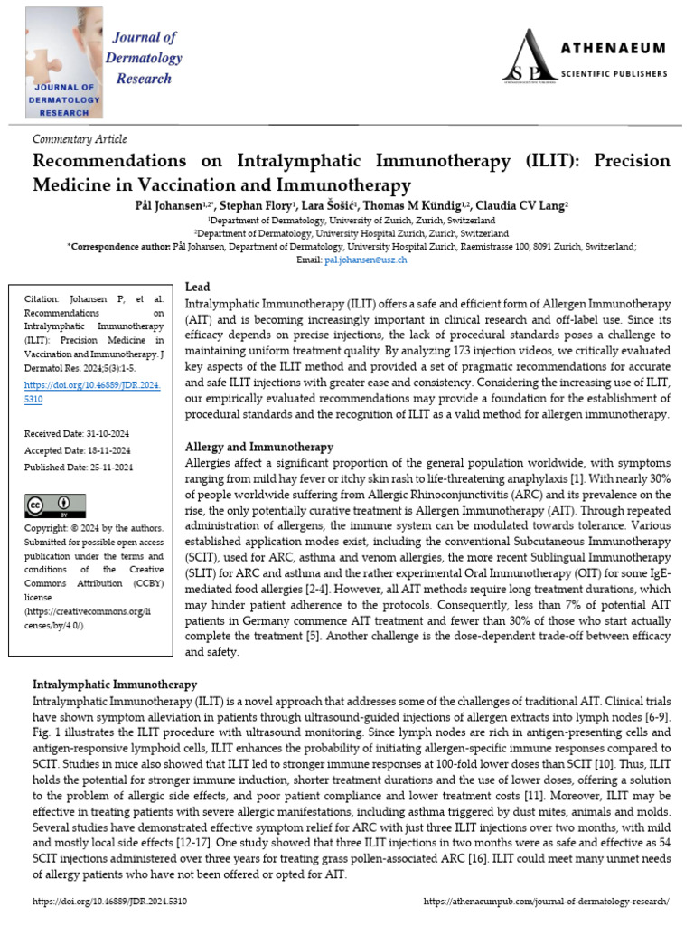 Recommendations On Intralymphatic Immunotherapy ILIT Precision Medicine ...
