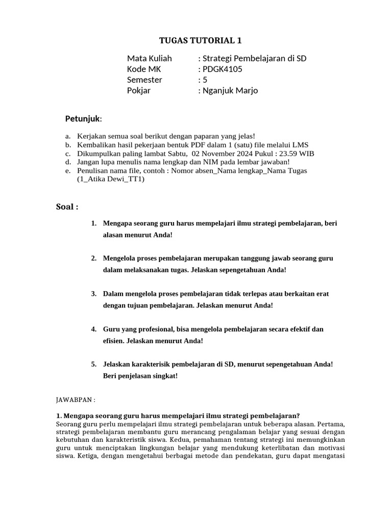 Tugas Tutorial Strategi Pembelajaran SD | PDF