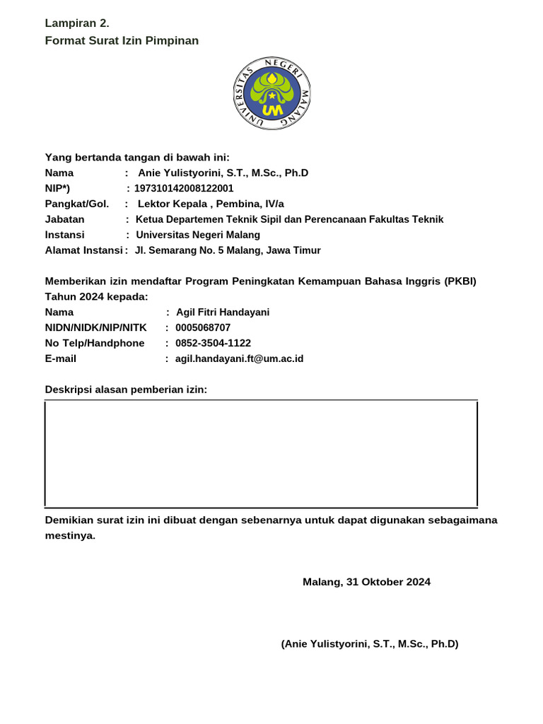 Format Surat Izin Pimpinan 2024 | PDF | Komputer