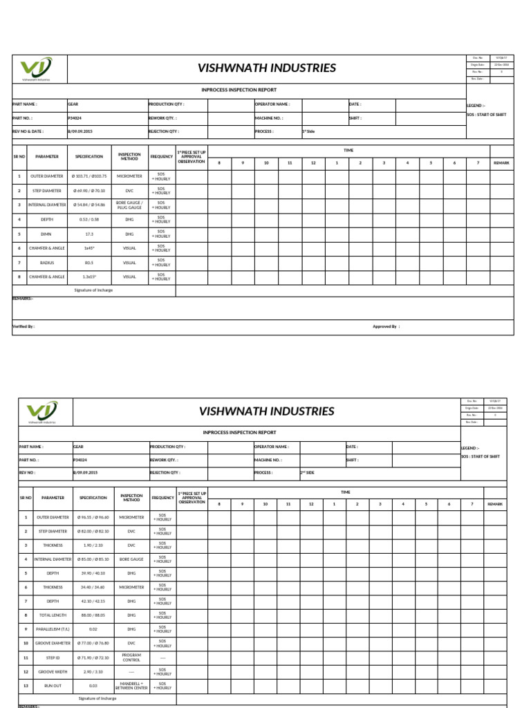Vishwnath Industries: Inprocess Inspection Report | PDF