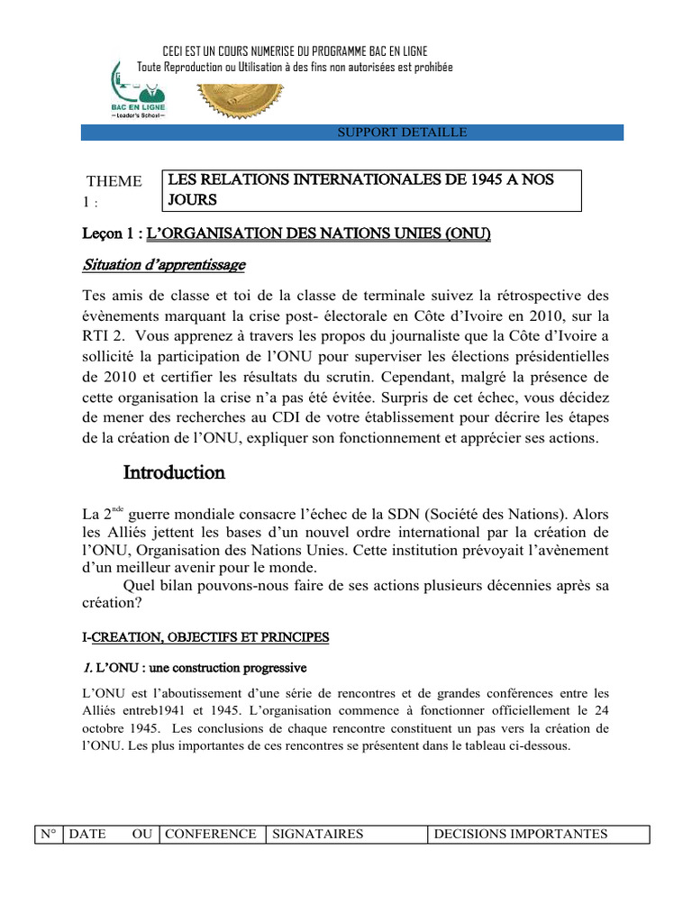 Histoire et fonctionnement de l'ONU | PDF | Nations unies | Relations ...