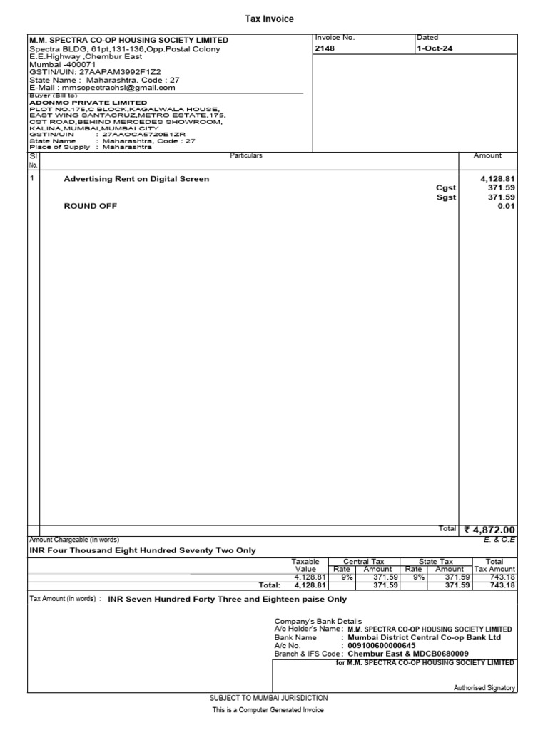 M M Spectra Invoice | PDF | Economies | Taxes