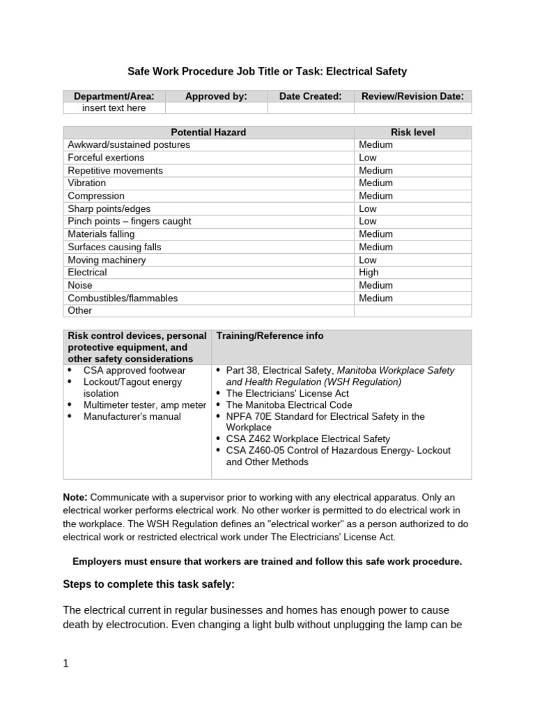 Electrical Safety Work Procedure Guide | PDF | Occupational Safety And ...