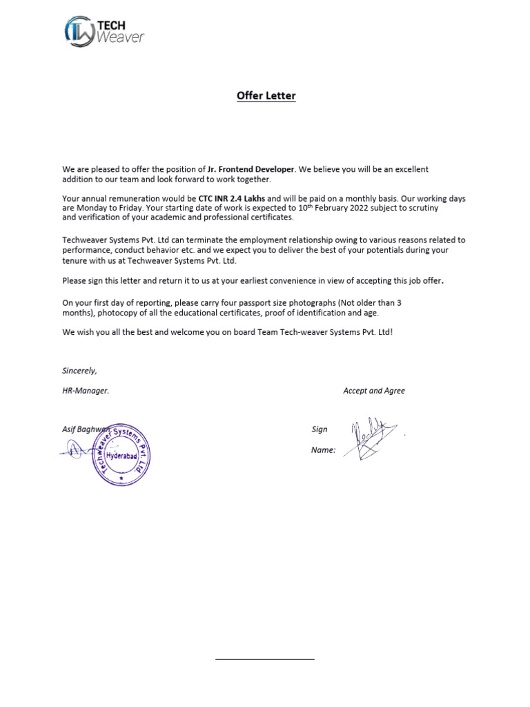 Job Offer for Jr. Frontend Developer | PDF