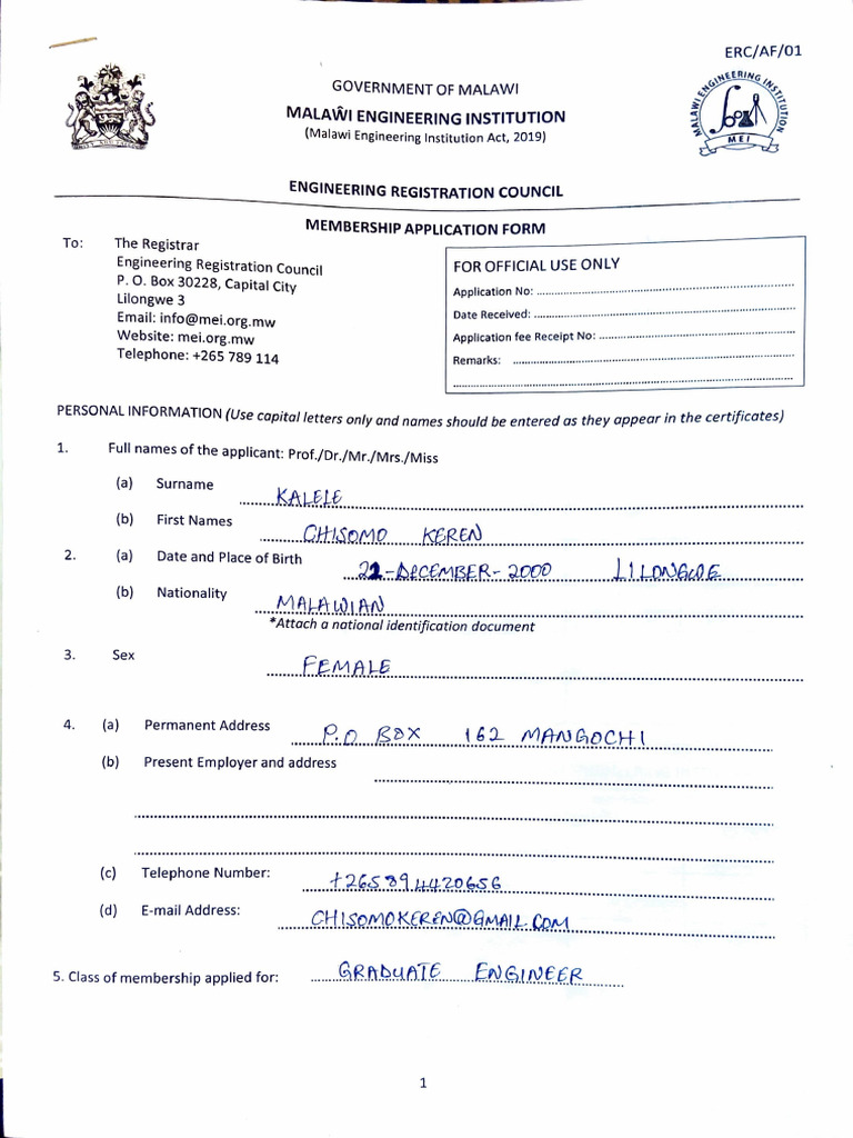 Malawi Engineering Membership Application | PDF