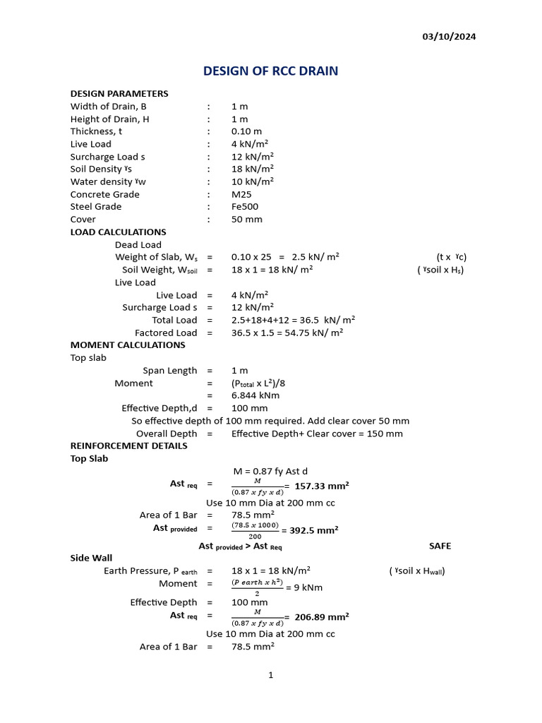 RCC Drain Design and Load Calculations | PDF | Drainage | Materials