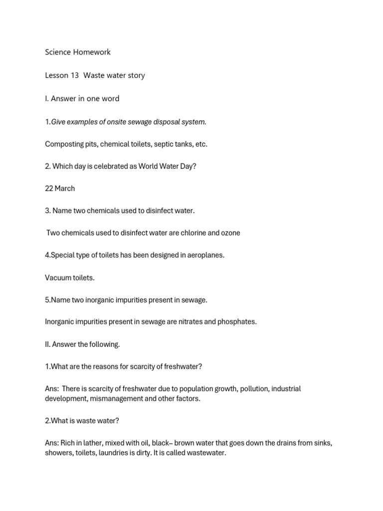 Science Homework - Waste Water Story | PDF