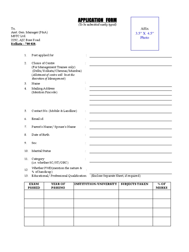 MSTC Management Trainee Application Form | PDF
