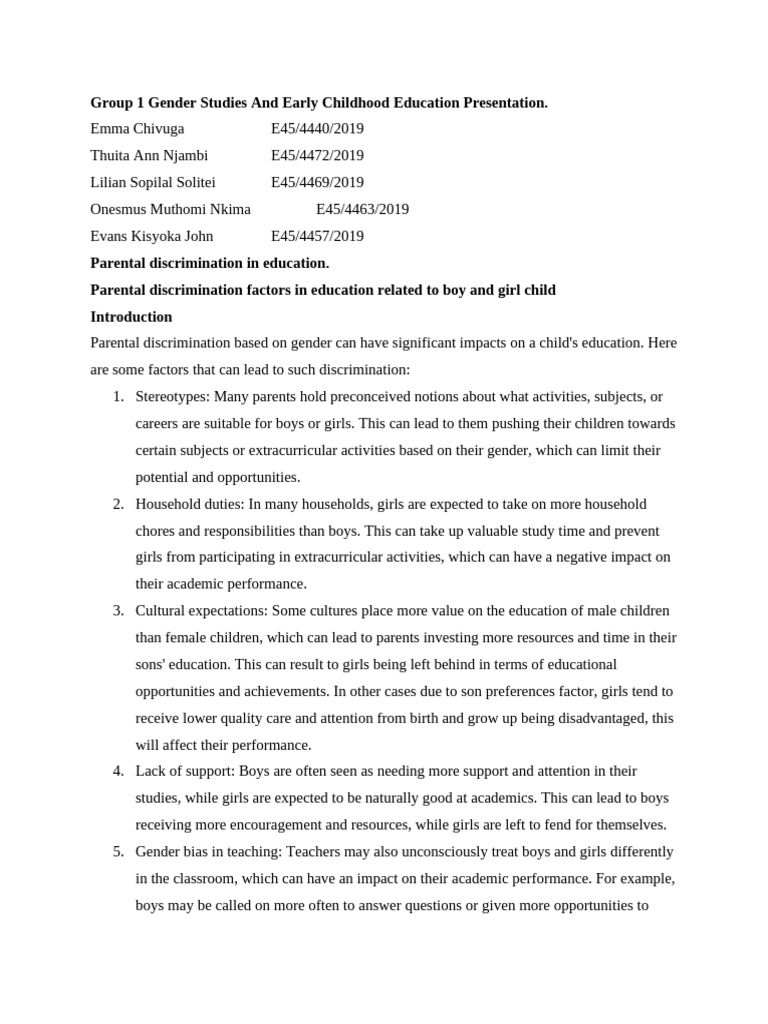 Group 1 Gender Studies and Early Childhood Education | PDF | Teachers ...