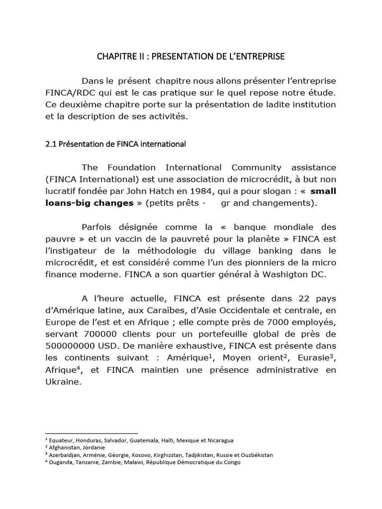 Présentation de FINCA/RDC | PDF | Économie d'entreprise | Business