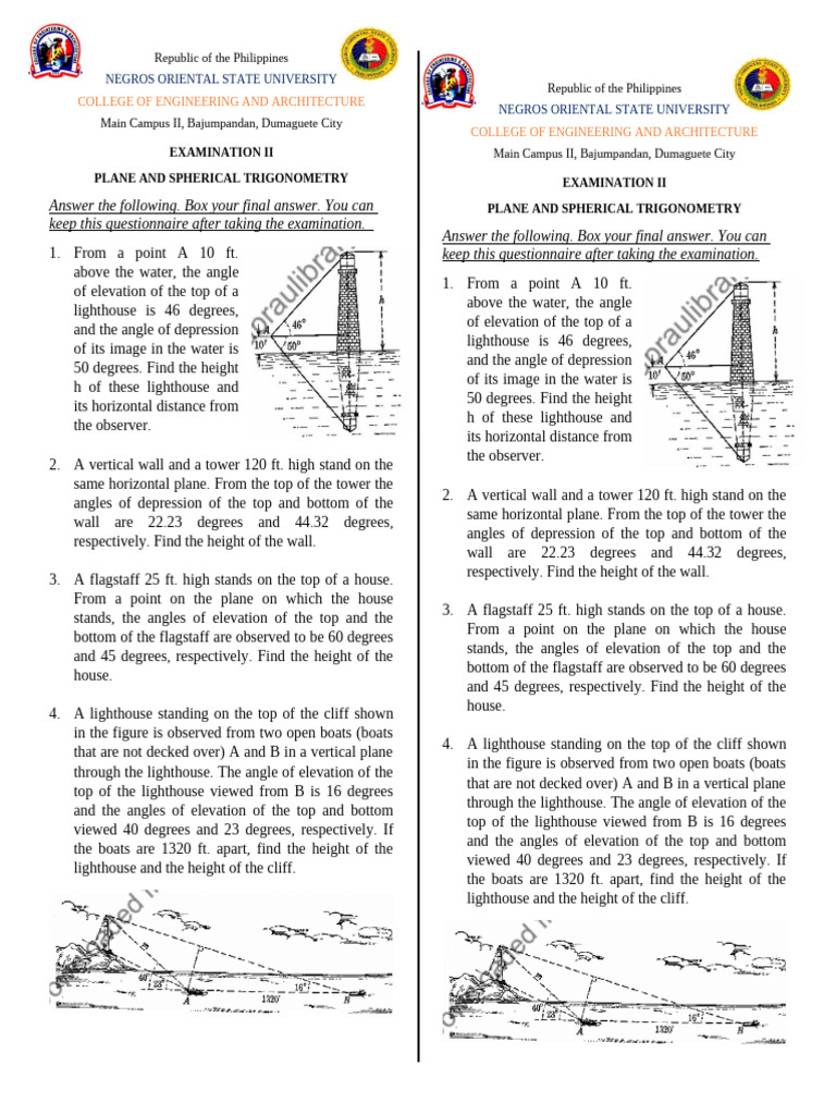 Trigonometry Exam: Heights and Distances | PDF | Cliff | Geometry