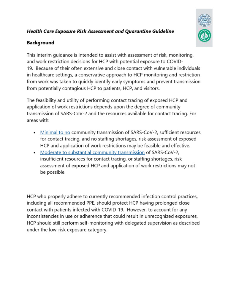 Risk Assessment and Quarantine Guideline For Health Care Worker Version ...