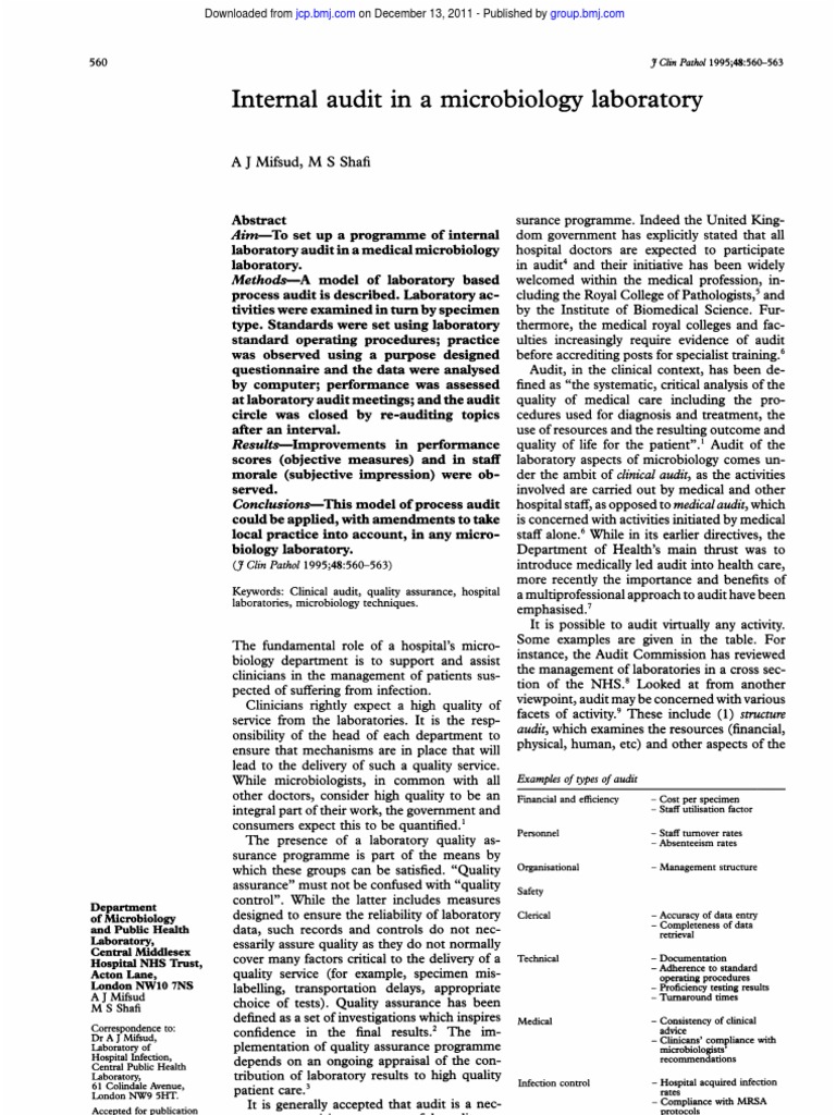 Internal Audit in Microbiology Labs | PDF | Audit | Hospital