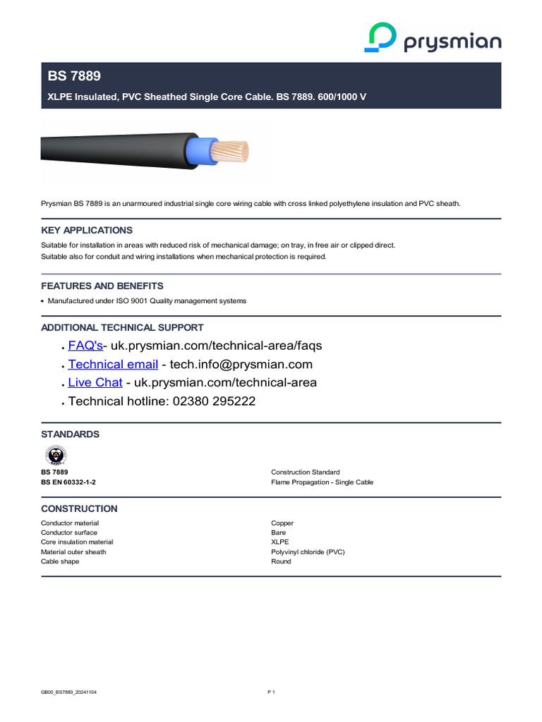 Prysmian bs7889 Xlpe Cable 20241104 | PDF | Electrical Wiring ...