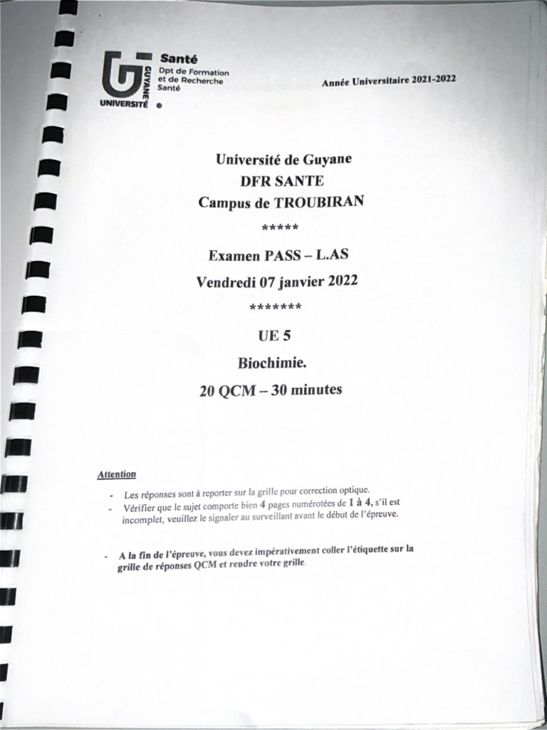 Examen Pass - Lass BIOCHIMIE 2021-2022 | PDF
