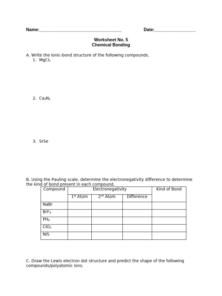 Chemical Bonding Worksheet 5 | PDF | Teaching Methods & Materials ...