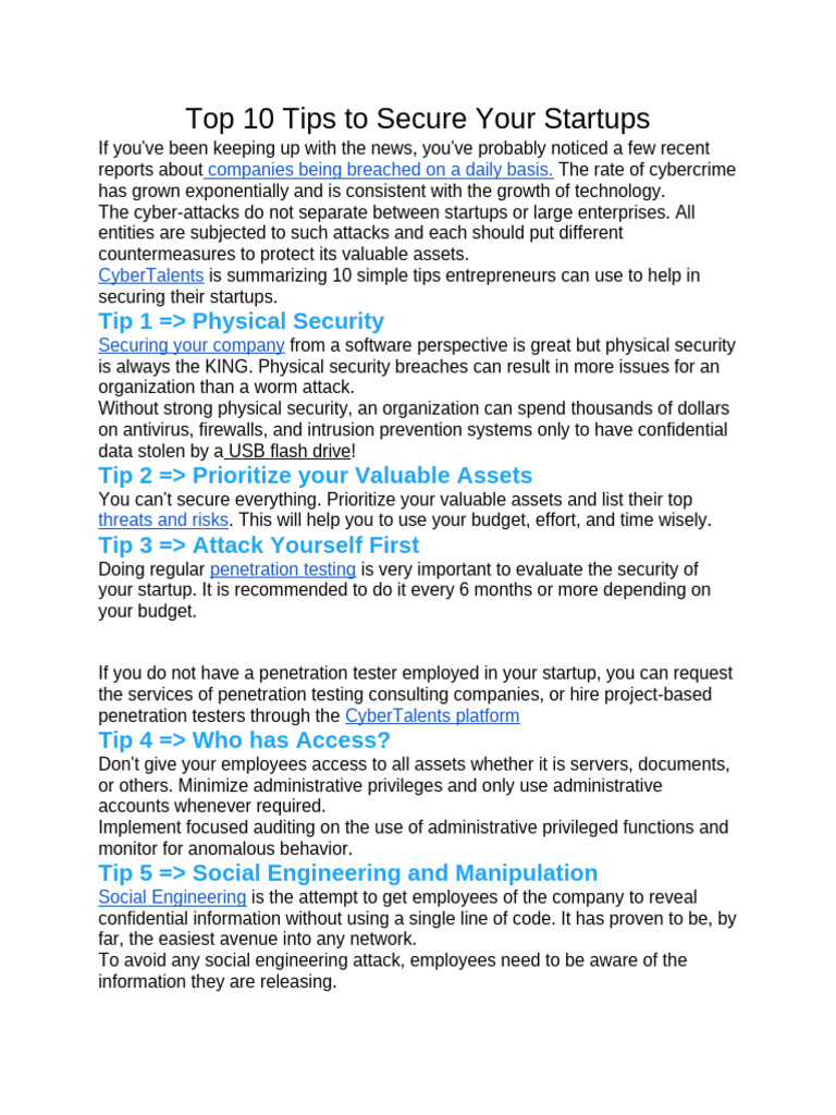 Top 10 Tips To Secure Your Startups: Tip 1 Physical Security | PDF ...