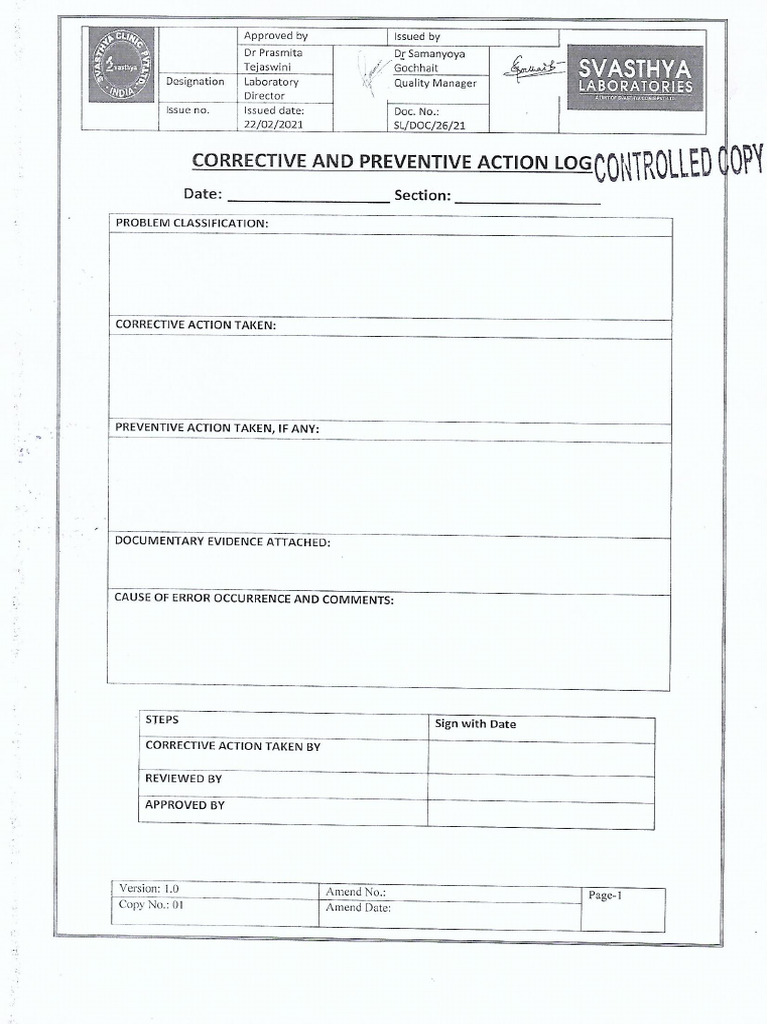 Corrective and Preventive Action Log | PDF