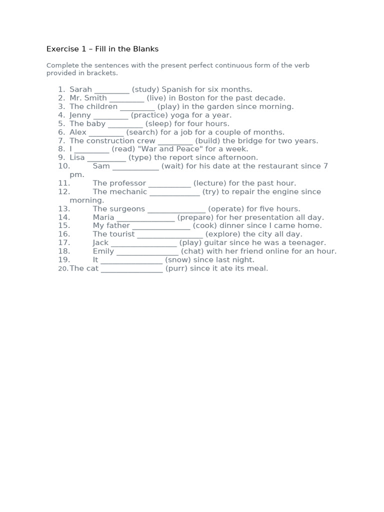 Present Perfect Continuous Exercises | PDF | Language Arts & Discipline