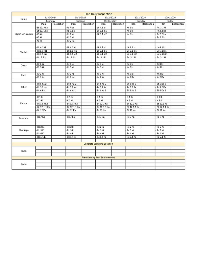 Daily Inspection Plan Schedule | PDF