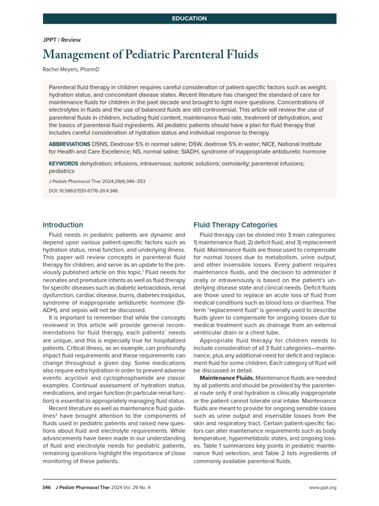 Pediatric Parenteral Fluid Management | PDF | Saline (Medicine ...