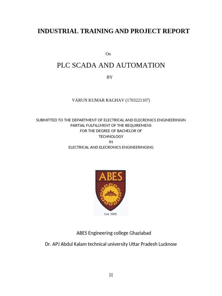 PLC Scada and Automation: Industrial Training and Project Report | PDF ...