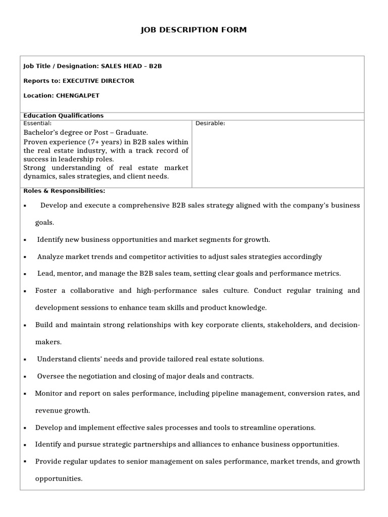 Job Descriptionn Sales Head | PDF