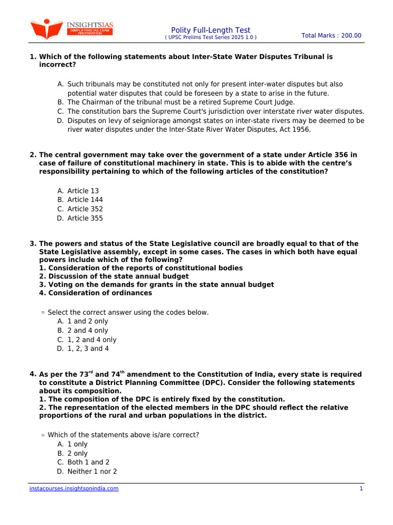 Insights IAS Prelims 2025 Mini Test 5 With Solution | PDF | Magistrate ...