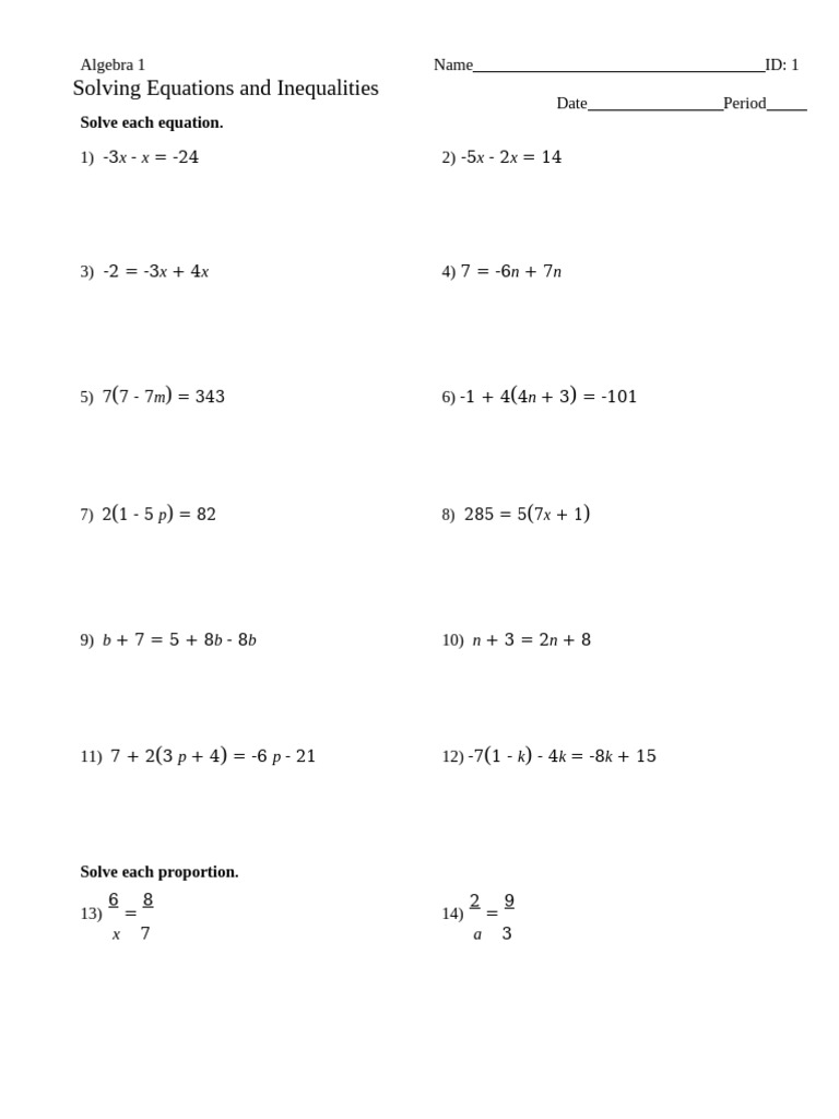 Algebra 1: Solving Equations Worksheet | PDF | Equations | Algebra