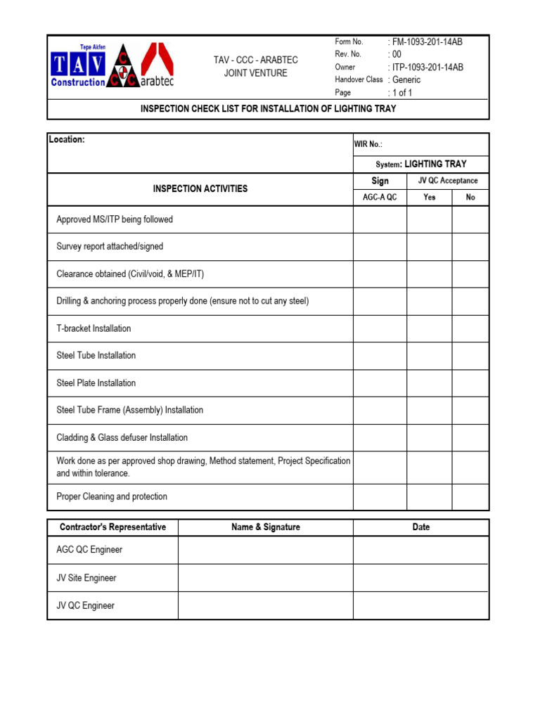 ITP-1093-201-14AB (Checklist) - Lighting Tray | PDF