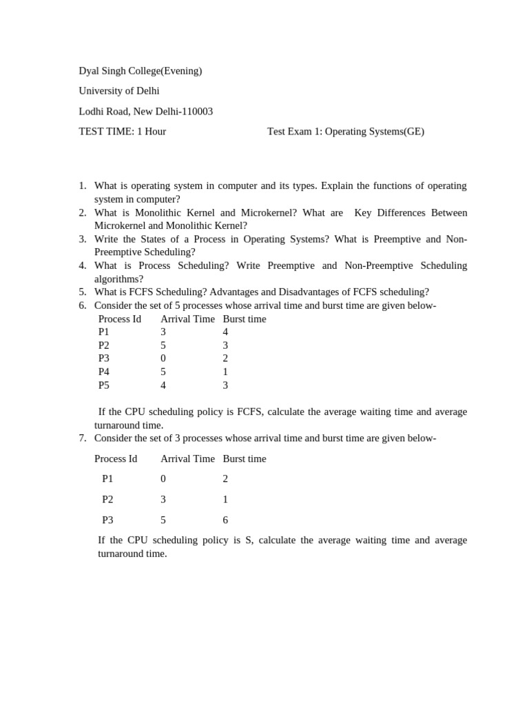 Operating Systems Test Exam 1 | PDF
