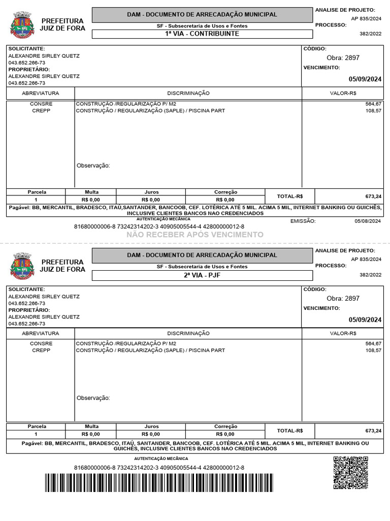 Documento de Arrecadação Municipal - Juiz de Fora | PDF | Bancos | Bancos