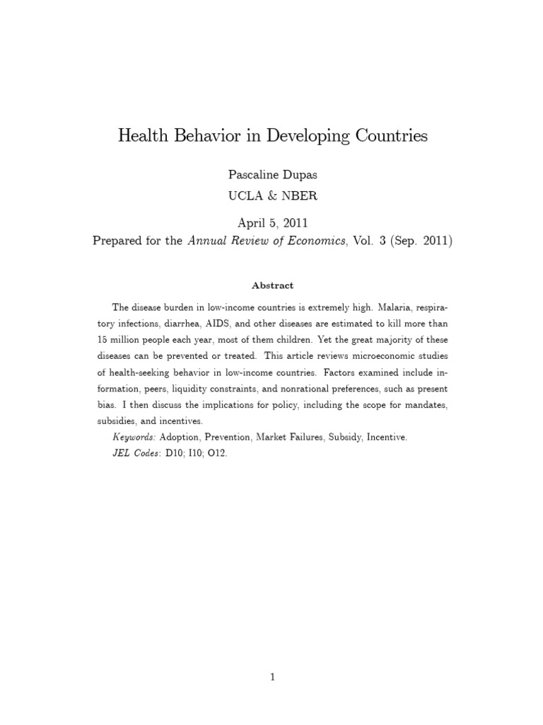 Health Behavior in Low-Income Countries | PDF | Malaria | Developing ...