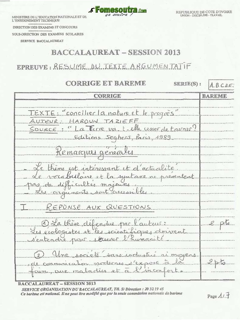 Sujet Corrige de Francais Bac A B C D e H 2013 1 | PDF