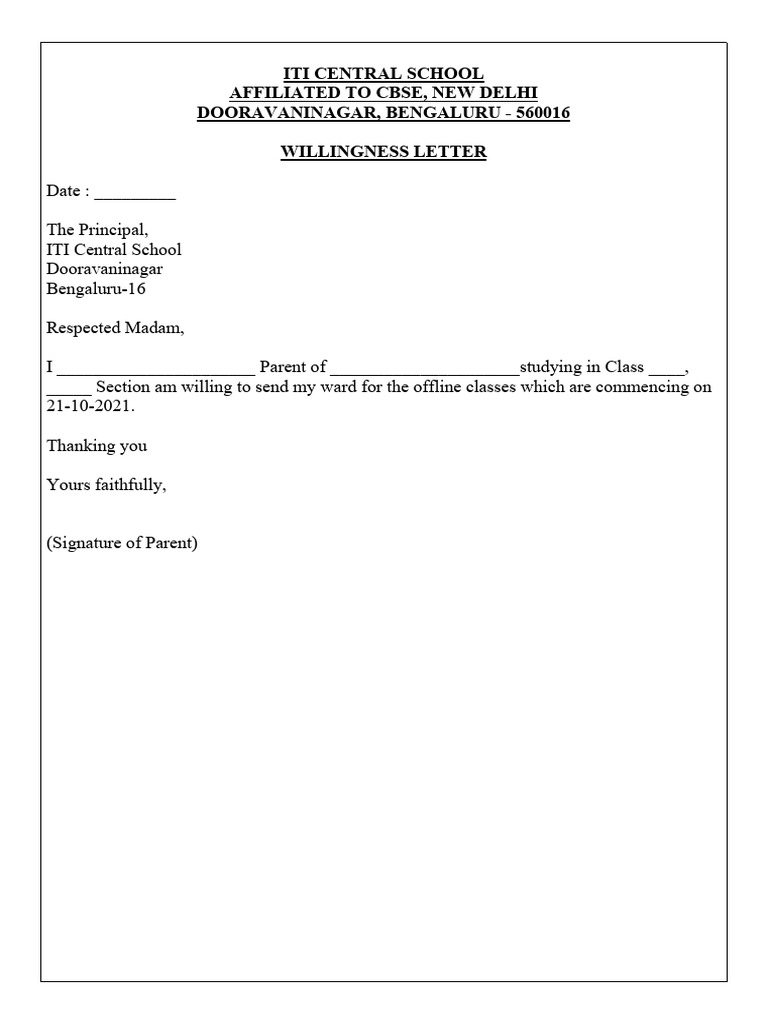 Willingness Letter for School Classes | PDF | Career & Growth