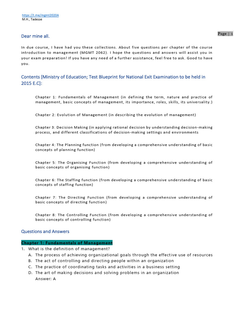 5 Questions Per Chapter-Introduction To Management | PDF | Decision ...