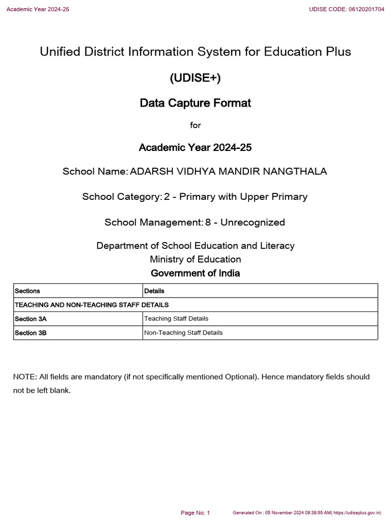 UDISE+ Staff Data Format 2024-25 | PDF | Teachers | Mobile Device