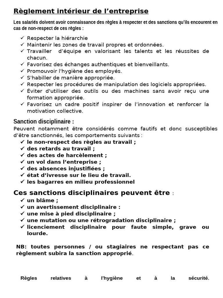 Règlement Intérieur de l'Entreprise | PDF | Harcèlement