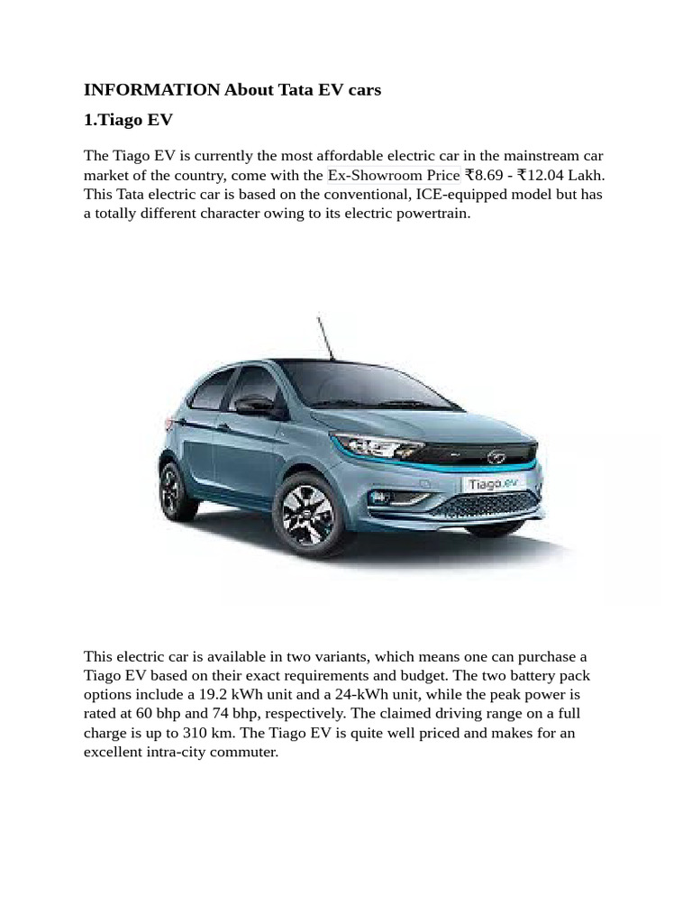 Tata EV Cars Overview and Pricing | PDF | Electric Vehicle ...