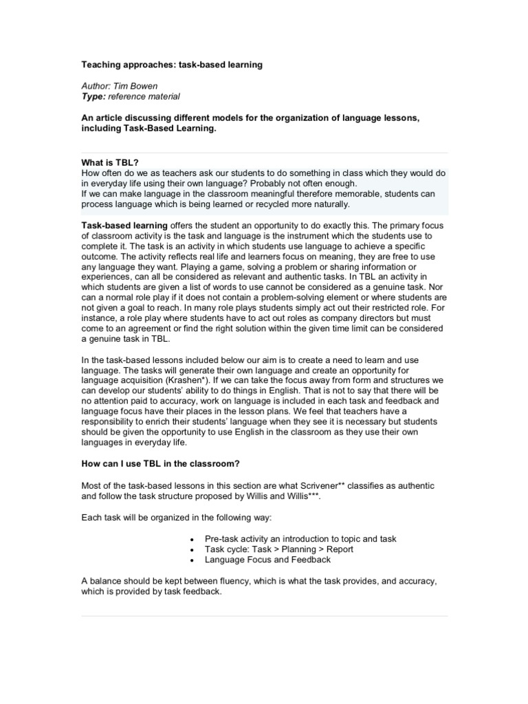 Teaching Approaches: Task-Based Learning | PDF | Learning | Classroom